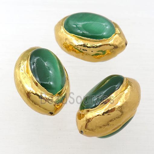 green Cat Eye Glass barrel beads, gold plated