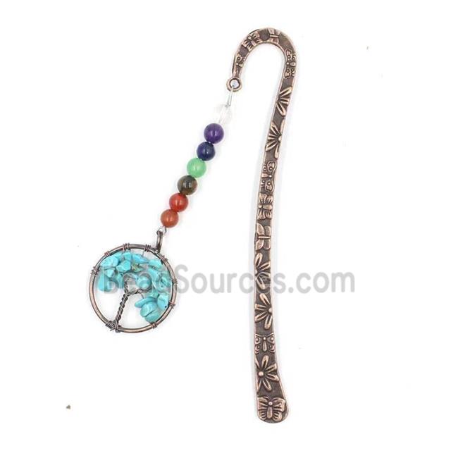 Zinc bookmark charm with tree of life, gemstone chakra, turquoise, antique red