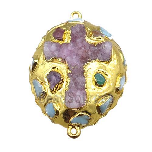 agate druzy oval connector, cross, gold plated