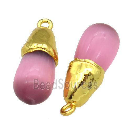 pink Cat eye stone pendant, teardrop, gold plated