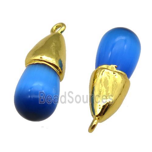 blue Cat eye stone pendant, teardrop, gold plated