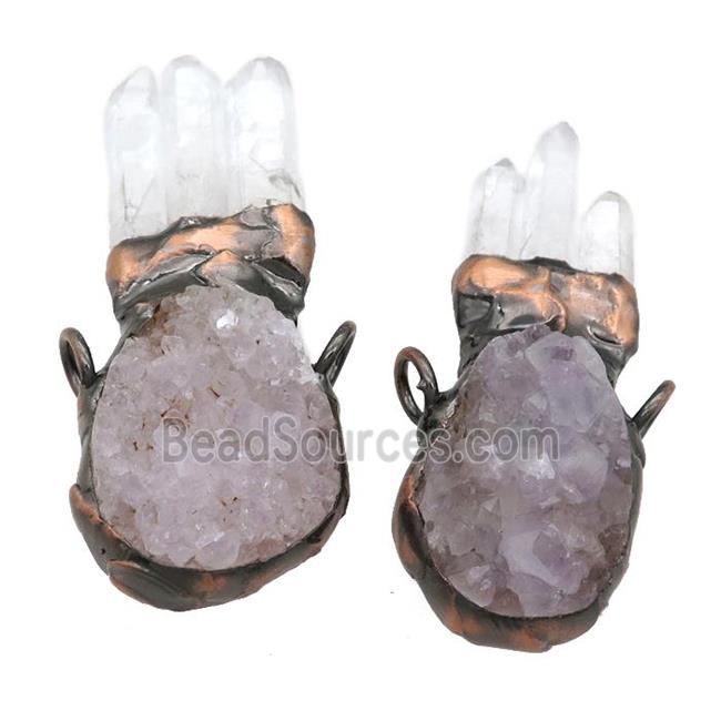 Quartz Druzy pendant with Crystal Quartz, antique red