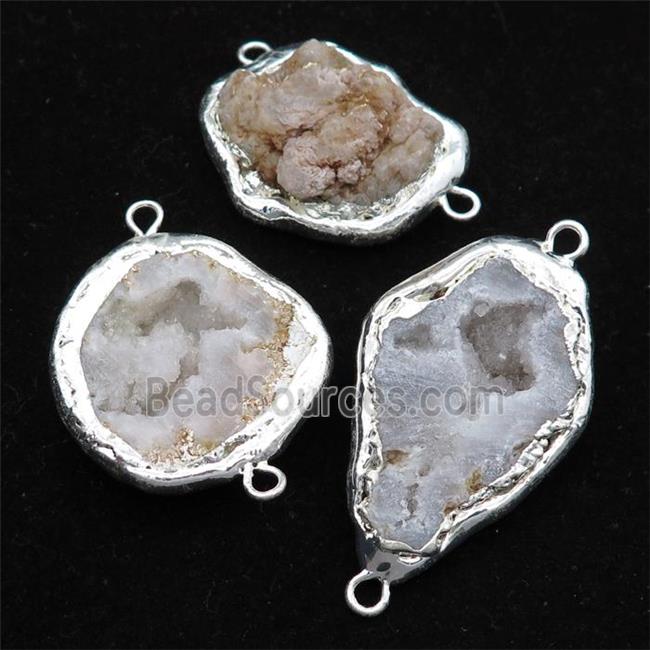 white Agate Druzy Geode connector, freeform, silver plated