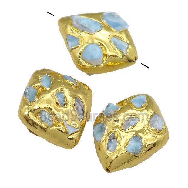 Larimar rhombic beads, gold plated