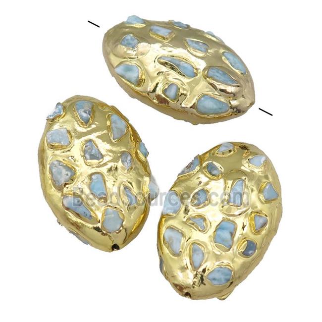 Larimar oval beads, gold plated