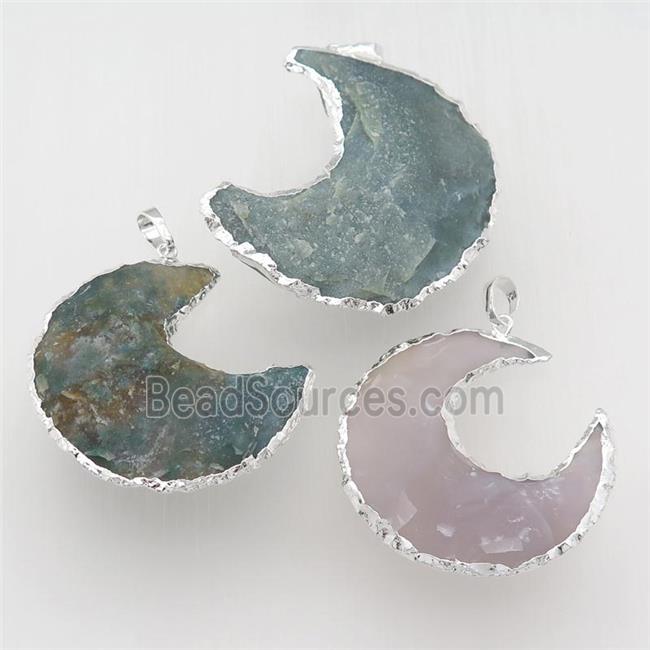 rock Agate moon pendant, hammered, silver plated, mixed