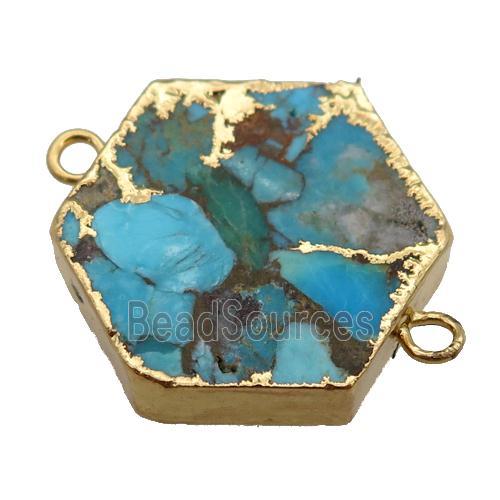 blue Mosaic Turquoise connector, hexagon, gold plated