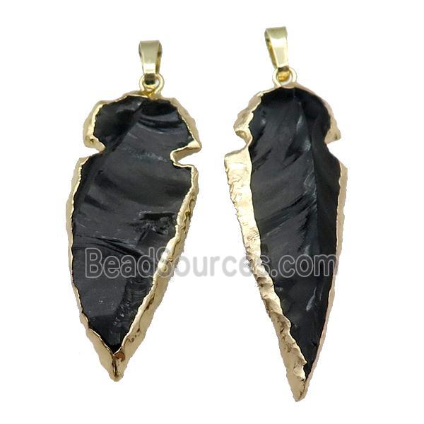 black Obsidian arrowhead pendant, hammered, gold plated