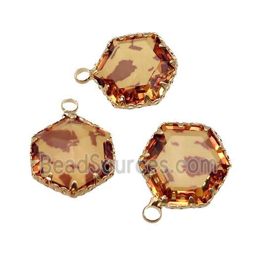 orange Crystal Glass hexagon pendant, gold plated