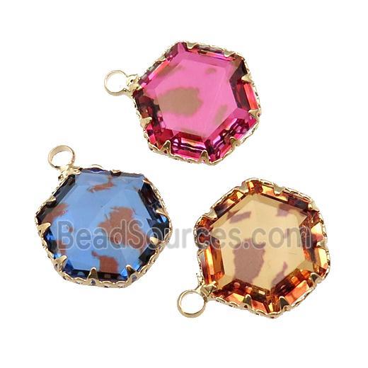 Crystal Glass hexagon pendant, gold plated, mixed