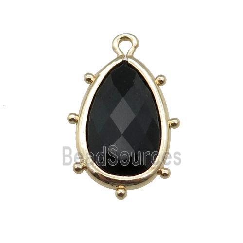 black Onyx Agate teardrop pendant, faceted, gold plated