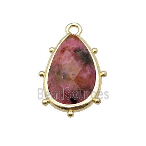 pink Rhodonite teardrop pendant, faceted, gold plated