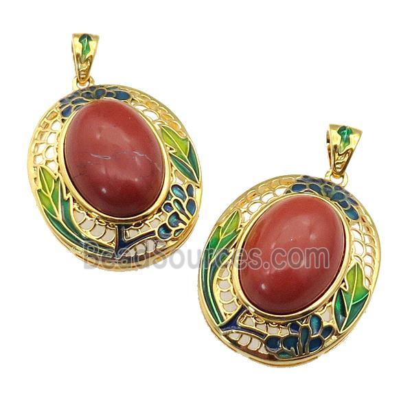 copper Oval pendant with red jasper, enamel, gold plated