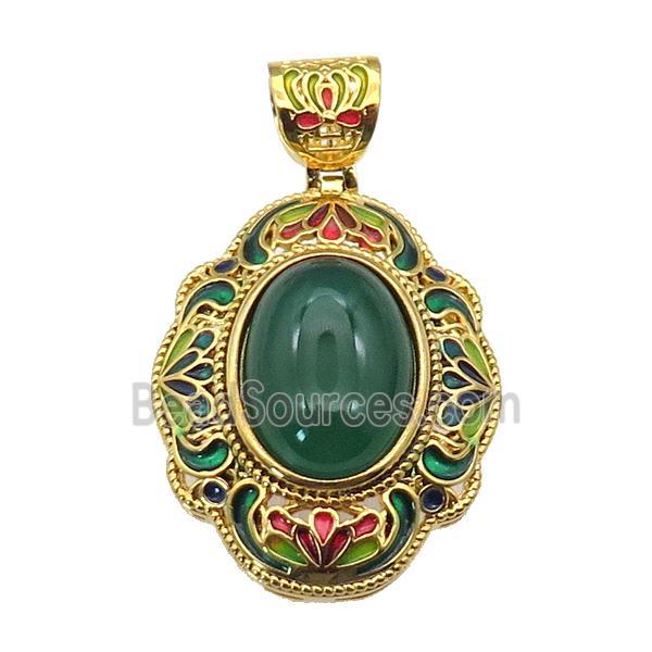 copper Oval pendant with green agate, enamel, gold plated