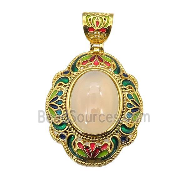 copper Oval pendant with yellow jade, enamel, gold plated