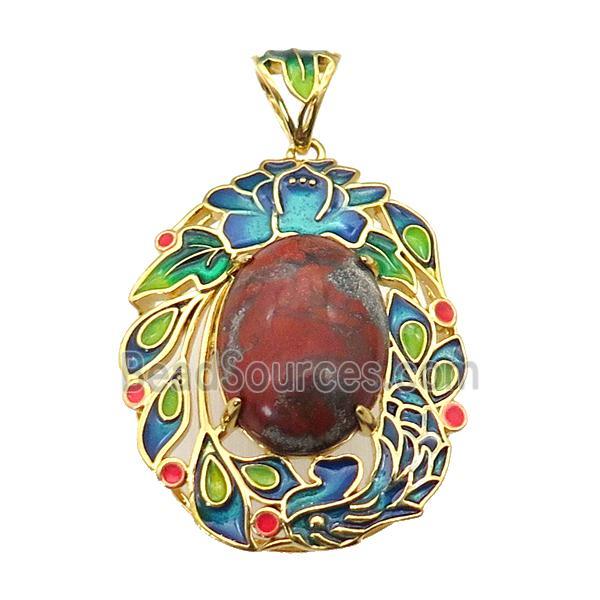 copper Oval pendant with red jasper, enamel, gold plated