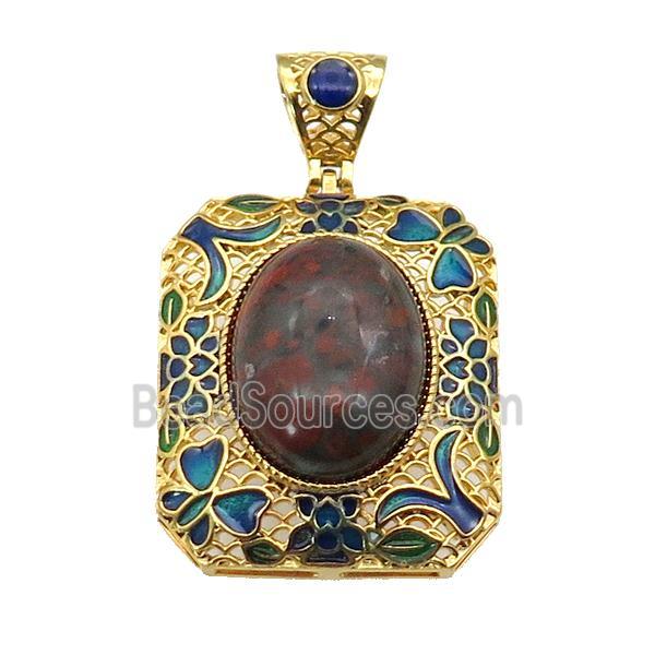 copper Rectangle pendant with red jasper, enamel, gold plated