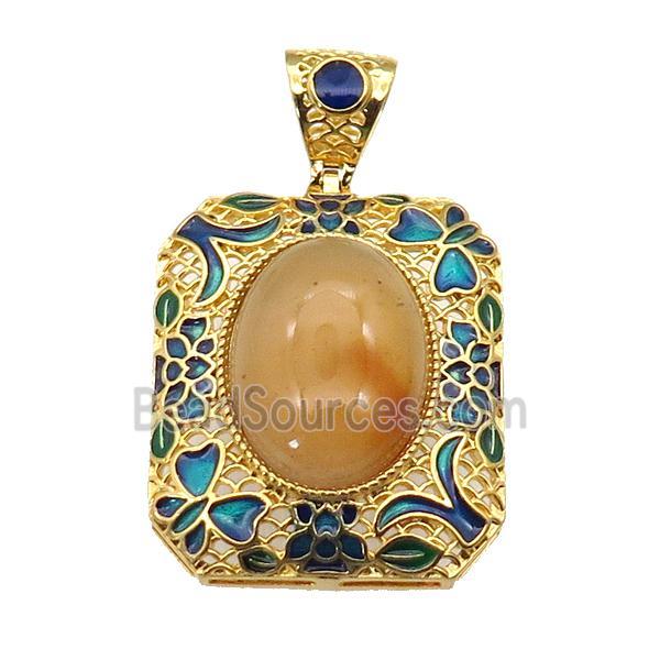 copper Rectangle pendant with yellow jade, enamel, gold plated