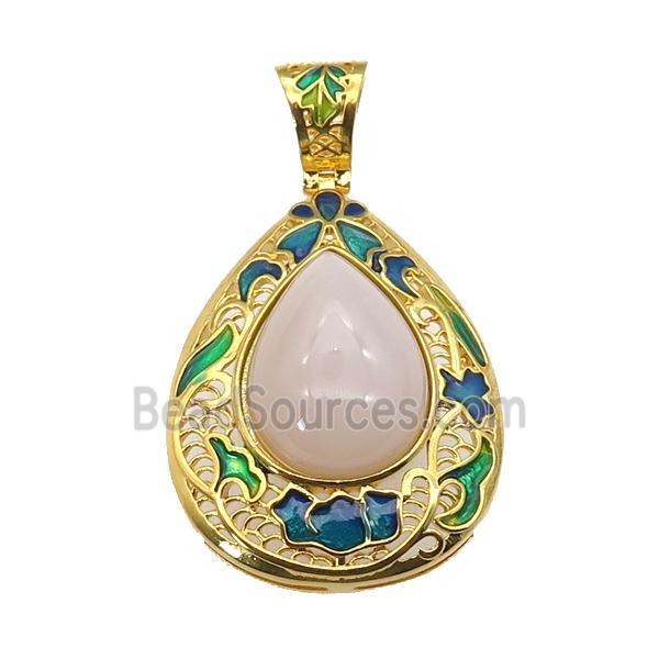 copper Teardrop pendant with gemstone, enamel, gold plated