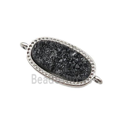 black druzy quartz oval connector, platinum plated