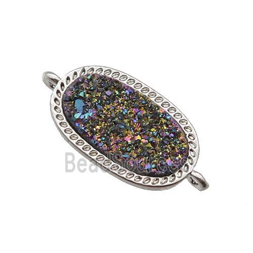 rainbow druzy quartz oval connector, platinum plated