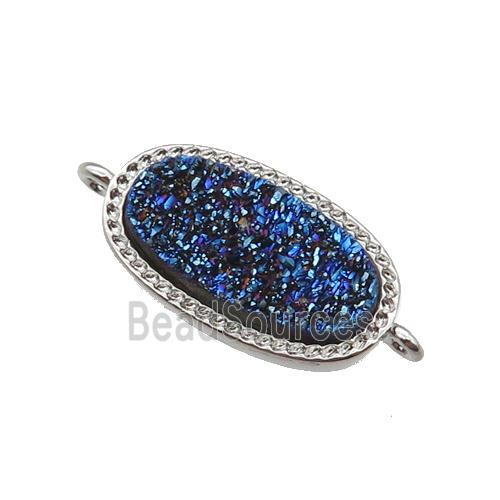 blue druzy quartz oval connector, platinum plated