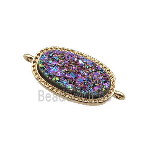 rainbow druzy quartz oval connector, gold plated