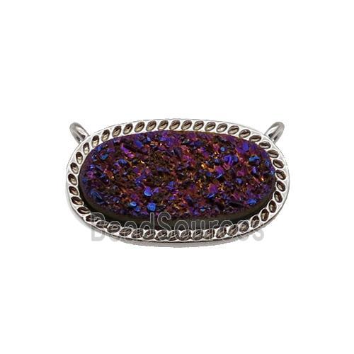 purple druzy quartz oval pendant, platinum plated