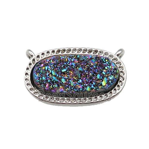 rainbow druzy quartz oval pendant, platinum plated