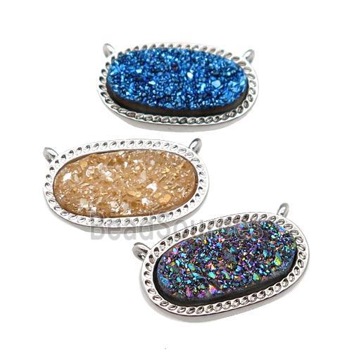 druzy quartz oval pendant, platinum plated, mixed