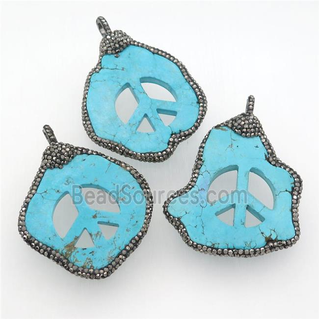 blue Magnesite Turquoise Peace Sign Pendant paved rhinestone