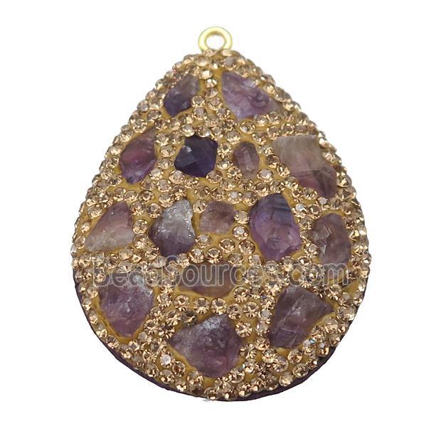 Amethyst teardrop pendant pave yellow rhinestone