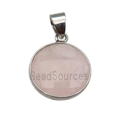 Rose Quartz coin pendant, platinum plated