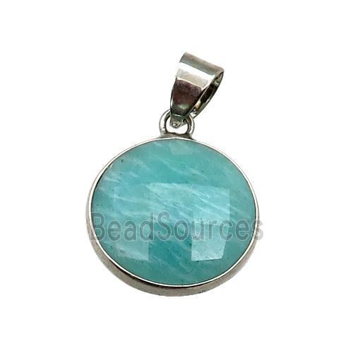 green Russian Amazonite circle pendant, platinum plated