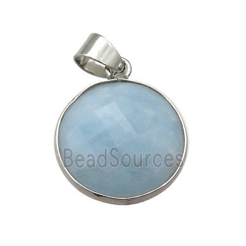 blue Aquamarine circle pendant, platinum plated