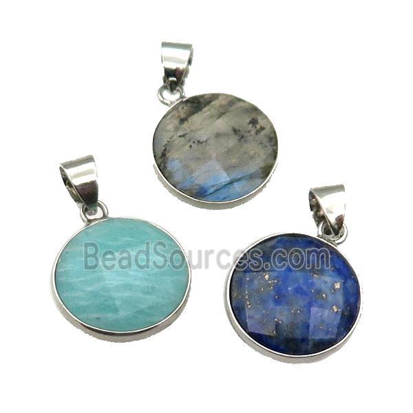 mix Gemstone circle coin pendant, platinum plated