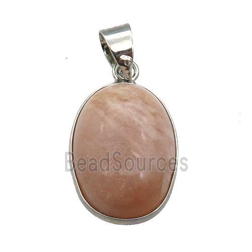 peach Sunstone oval pendant, platinum plated