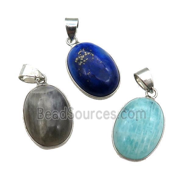 mix Gemstone oval pendant, platinum plated