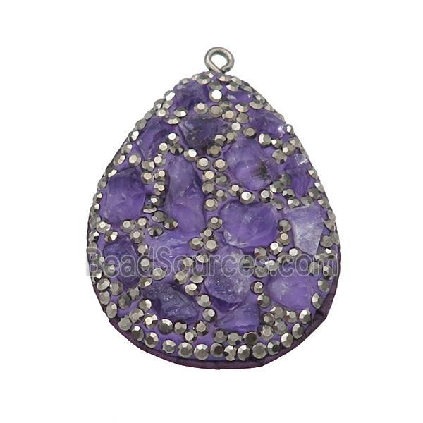 purple Amethyst teardrop pendant pave rhinestone