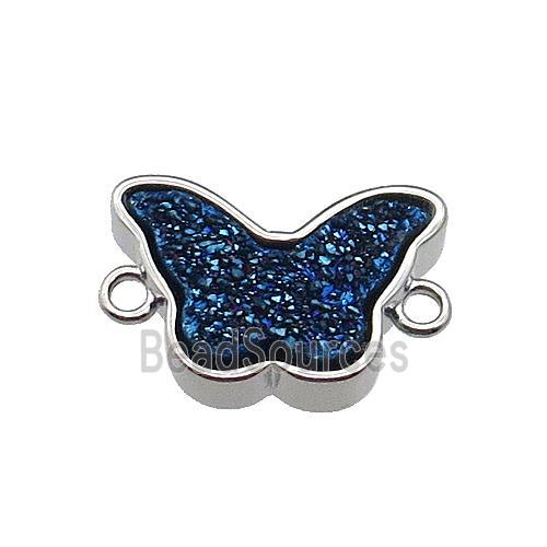 blue Resin Druzy butterfly connector, platinum plated