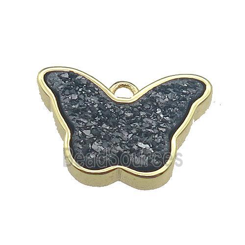 black Resin Druzy butterfly pendant, gold plated