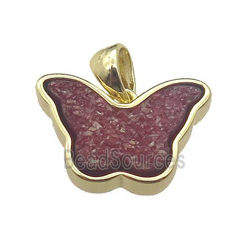 red Resin Druzy butterfly pendant, gold plated