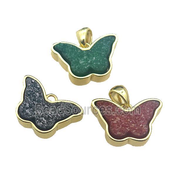 Resin Druzy butterfly pendant, mixed, gold plated