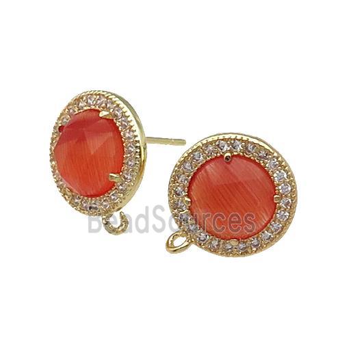 Orange Cat Eye Stone Stud Earring With Loop Circle Gold Plated