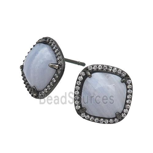 Blue Lace Agate Stud Earring Square Black Plated