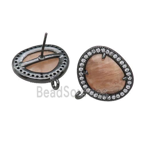 Peach SunStone Stud Earring With Loop Potato Black Plated