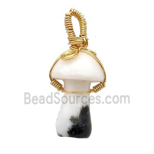 White Black Jasper Mushroom Pendant Wire Wrapped