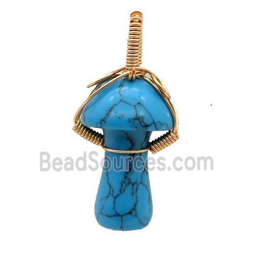 Blue Turquoise Mushroom Pendant Wire Wrapped Dye