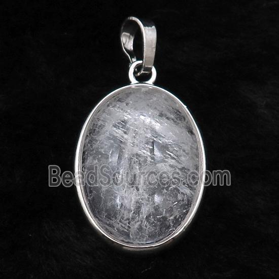 Clear Quartz Oval Pendant Platinum Plated