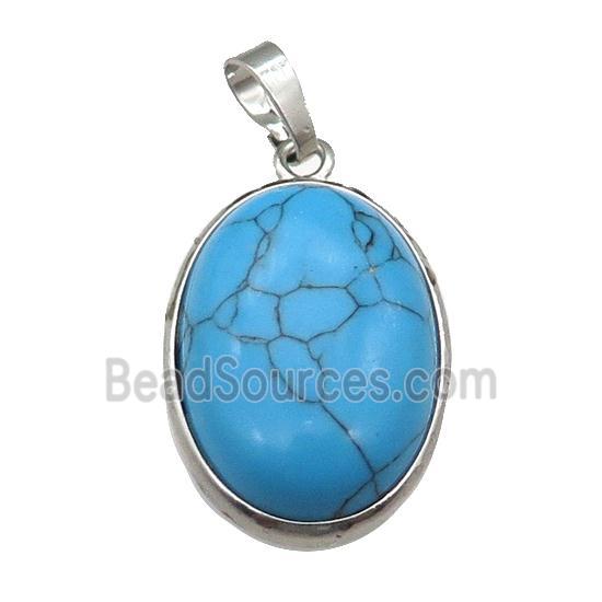 Blue Synthetic Turquoise Oval Pendant Platinum Plated